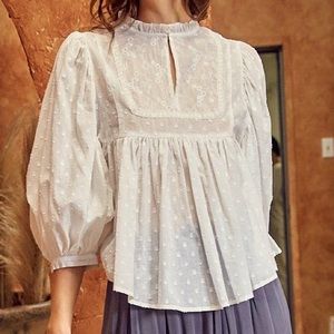 White Embroidered Balloon Sleeve Top